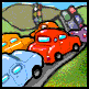 Four- shows a cartoon traffic scene with red, orange, blue, and purple cars on a winding road, green hills, and a blue sky