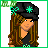 Pixelated character with long brown hair wearing black cap and shirt, green accents on clothing and background.