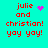 Cyan background with red pixelated text reading "julie and christian! yay yay!" and a pink heart or starburst symbol changing position across frames.