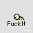 Pixel art icon with a yellow and brown creature holding a circular object, text below reads 'FuckIt' in bold black letters on light gray background.