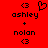 Red background with black pixelated text and symbols: 'ashley', '+', 'nolan', '<3' in two , one featuring a heart symbol