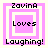 Four variations of a pixelated icon with pink and white concentric squares, displaying text 'Zavina Loves Laughing!' in black block letters.