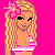 Pixel art contact sheet of a blonde woman in bikini with pink flower, showing multiple poses and partial views against bright pink background.