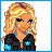 A 4x3 contact sheet of a pixel art animated buddy icon featuring a blonde woman in black clothing with blue accents, showing character design details and text-based animation frames.