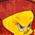 Yellow cartoon character with red eyes and a red headpiece, shown in multiple poses against patterned backgrounds.