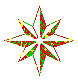 A star-shaped icon with eight points, colored in red and green segments with yellow accents on a gray background.