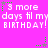 Pixelated text on a bright pink background with green star and dot animations, reading "3 more days til my BIRTHDAY!" in white.