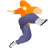 Pixelated figure in orange top and blue pants performing a dynamic pose with arms extended and legs bent against gray background.