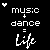 six 'music + dance = Life' text variations with colored 'Life' letters and small heart icons in different positions on a black background