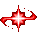 Four red pixelated starburst shapes with white centers arranged in a on gray background, each showing distinct curved arm configurations