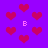 Pixelated red hearts and pink 'B' letters on a solid purple background with some blurred heart shapes.