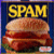 A pixelated image split into two sections: left shows a Spam can with yellow text on blue background, right displays black text 'SPAM N CORN BIATCH!' on pink background.