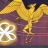 Golden eagle with outstretched wings perched on a purple background, with a white and gold emblem featuring a cross-like symbol on the left side.