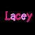 Two side-by-side pixelated text displays of 'Lacey' in pink and white hues on a black background, with visible color shifts between frames.