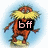 Pixelated character with brown body, yellow hat and base, black rectangle covering face with pink 'bff' text on light blue background.