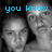 Two people in grayscale close-up with blue pixelated text overlays reading 'you know', 'you love...', and 'MEE!!!MWA' across different frames.