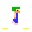 Pixelated character with green hair and blue overalls walks on a white conveyor belt against gray background, showing three sequential poses.