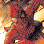 A pixelated figure with red and brown tones, holding a yellow object against a gradient background of orange and white.