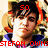 Pixelated image of a person with dark hair and blue clothing, overlaid with red text in various positions across the frame.