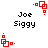 Pixelated red geometric shapes and black text 'Joe Siggy' on white background with animated red dot movements.