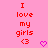 Red pixelated text on pink background reads 'I love my girls <3' with a purple heart icon, showing animation where the heart changes from red to purple.