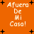 Orange background with white pixelated text reading 'AfuerA De Mi Casa!' and black plus signs scattered across the image.