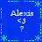 Blue background with cyan decorative borders and four identical displaying 'Alexis' text, '<3', and '?' symbols in white pixelated font