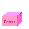 Pink box labeled Recipes with light blue interior; box opens to reveal light blue card with faint text, then closes back to solid pink top.
