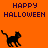 Pixelated black cat silhouette on orange background with 'HAPPY HALLOWEEN' text in dark purple, arranged in a