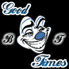 A black-and-white cartoon clown face with blue nose and eyes, surrounded by text elements including "Good," "Bad," "Times," and "B"/"T" letters in blue and white.
