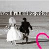 A grayscale beach scene with a bride and groom running hand-in-hand toward the water, overlaid with pink text and a pink curved line.