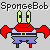 Pixel art of a red crab character with green eyes and purple pants, displaying sequential text phrases across four