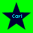 Four dark blue stars with light blue text "Carl" on a bright green background, arranged in a