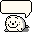 Pixelated white circular character with black smiley face and green cheek dots, two empty speech bubbles above on gray background.