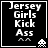 Black background with white pixelated text "Jersey Girls Kick Ass" and two small footprints, accompanied by a pixelated alien-like figure in the bottom-right corner.