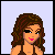 Pixel art contact sheet of a female character in various poses and text labels, featuring a brown sequined dress, curly hair, and the name "Meghan" in multiple colors.