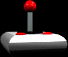 A 3D-rendered joystick with a red ball top and two red buttons on a white base, shown in multiple views against black backgrounds.
