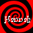 Four identical red and black spiral patterns with white text overlaid, arranged in a on a solid black background