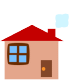 Two identical pixelated houses with red roofs, brown doors, and blue windows, one with a light blue smoke cloud above the chimney, the other without.