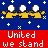 Pixel art contact sheet showing two animated frames of yellow stick figures holding hands against a blue starry background with red text reading "United we stand" on the bottom.