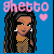 Pixel art contact sheet showing five animated frames of a cartoon woman with long black hair, brown skin, and a checkered top against blue background with pink 'ghetto' text and hearts.
