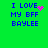 Green background with blue pixelated text reading "I LOVE MY BFF BAYLEE" and pink heart or star-like animation effects.