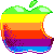 Pixelated apple icon with rainbow gradient stripes and a missing bite, green leaf, and pixelated damage on the right side.
