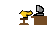 Pixel art of a yellow-shirted figure at a brown desk with gray monitor, showing sequential changes in posture and text labels beneath.
