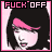 Pixelated anime-style character with black hair and pink headband, pink background, 'FUCK OFF' text in pink and black at top of each frame.