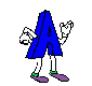 Blue letter A character with purple feet and green ankles performs various arm poses against a gray background.