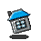 Pixelated house icon with blue roof and gray walls, four square windows, small dark chimney, shadow beneath.