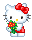 Pixelated white cat with red bow holds bouquet of yellow and green flowers, wearing red dress on gray background.