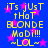 Blue background with pink stars and yellow text reading "iTs jUsT tHaT BLONDE MoDi!!! ~LOL~" in pixelated font.