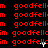 Red pixelated text 'goodfell' repeated across a black background with white cursor-like marks appearing and disappearing at various positions.